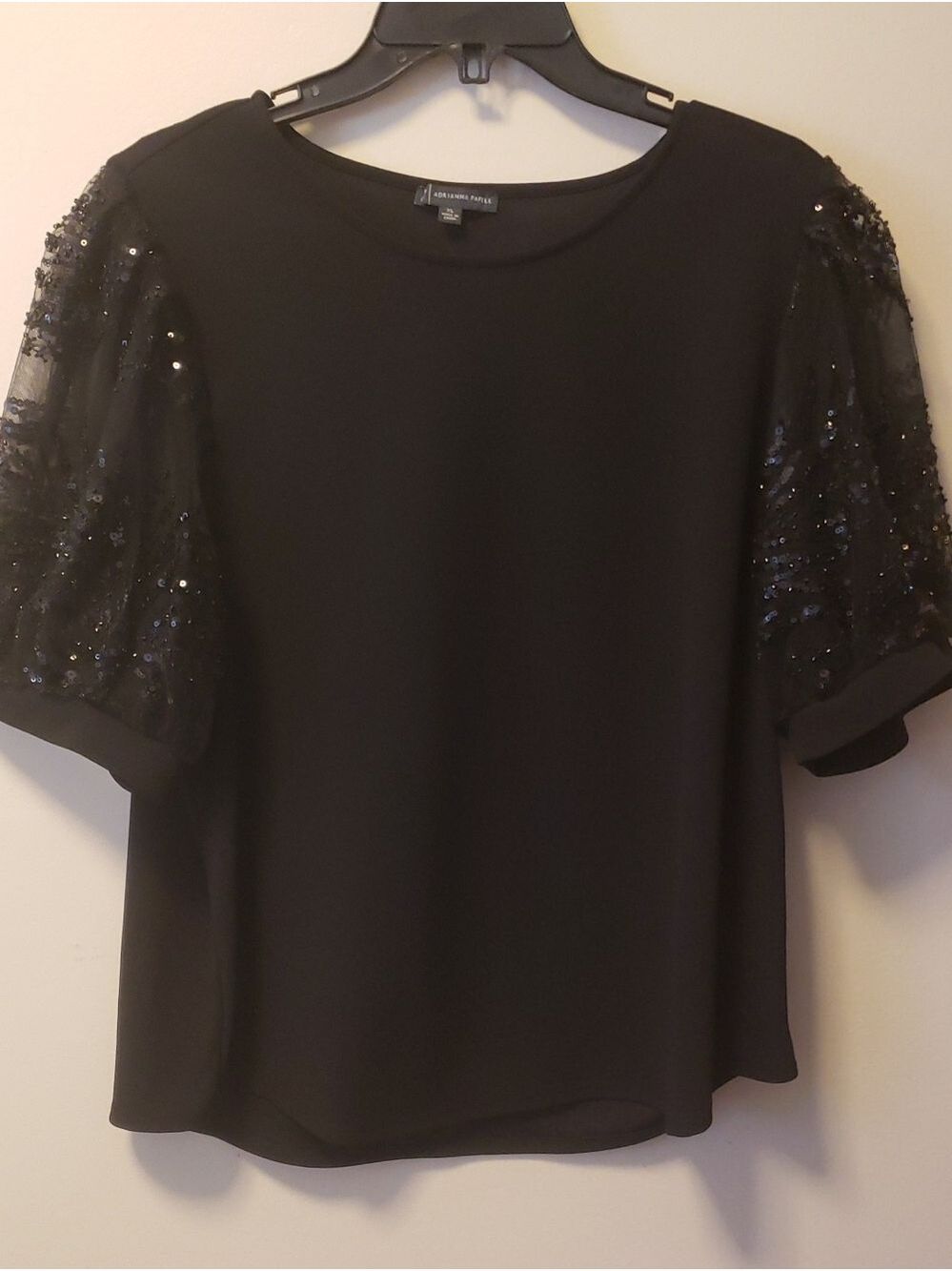 Adrienne Vittadini Black Top with Sequin Puff Sleeves